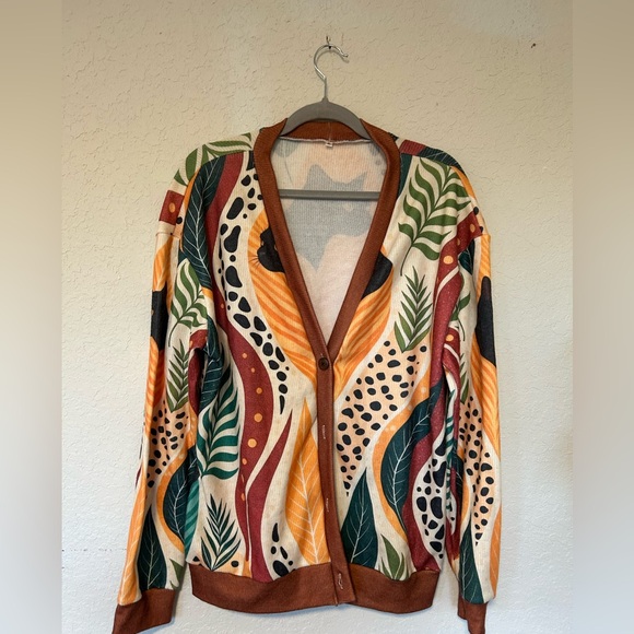 Sweaters - Vintage Teal Orange Print Cardigan, Statement Piece, Boho, Festival